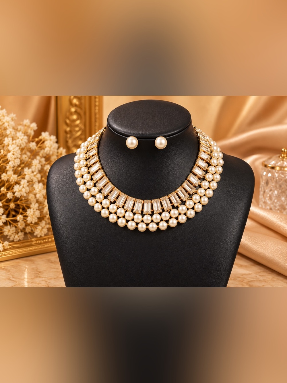 Gold Pearl Layered Statement Choker Necklace & Stud Earrings Set Fifi’s Closet